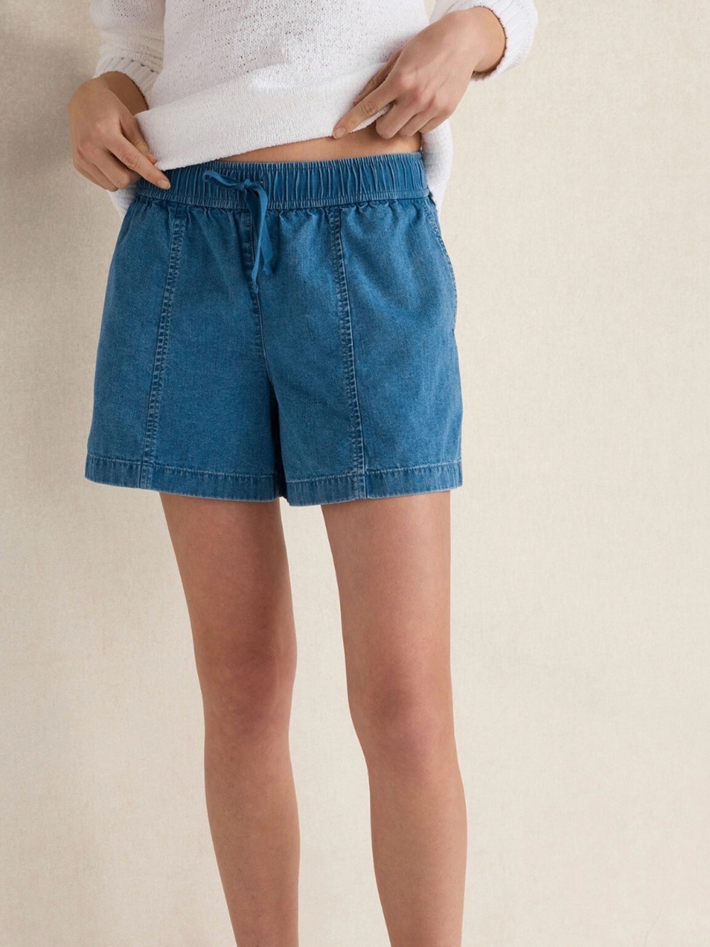 Organic cotton denim drawstring shorts